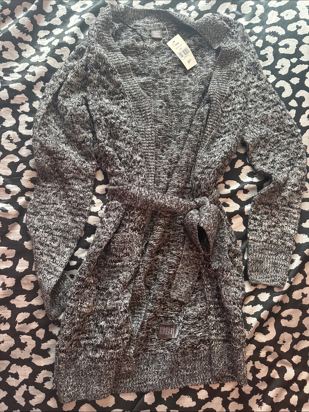 Suzy Shier Marled Gray Belted Open‑Front Cardigan